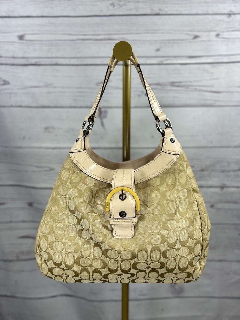 Coach Hamilton Hobo F17403 Signature Jacquard Beige Leather Shoulder Bag